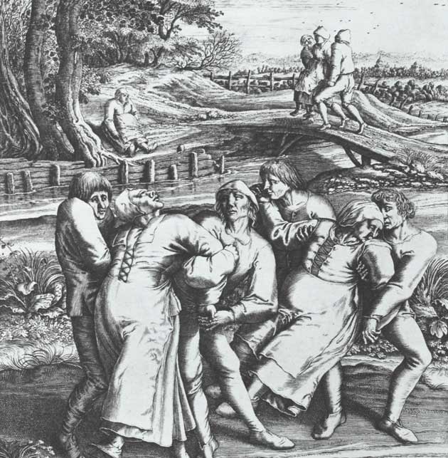 Djelo Hendrika Hondiusa prikazuje tri žene pogođene kugom. Rad se temelji na izvornom crtežu Peter Brueghela, koji je navodno bio svjedok sličnoj Epidemiji plesa 1564. godine u Flandriji