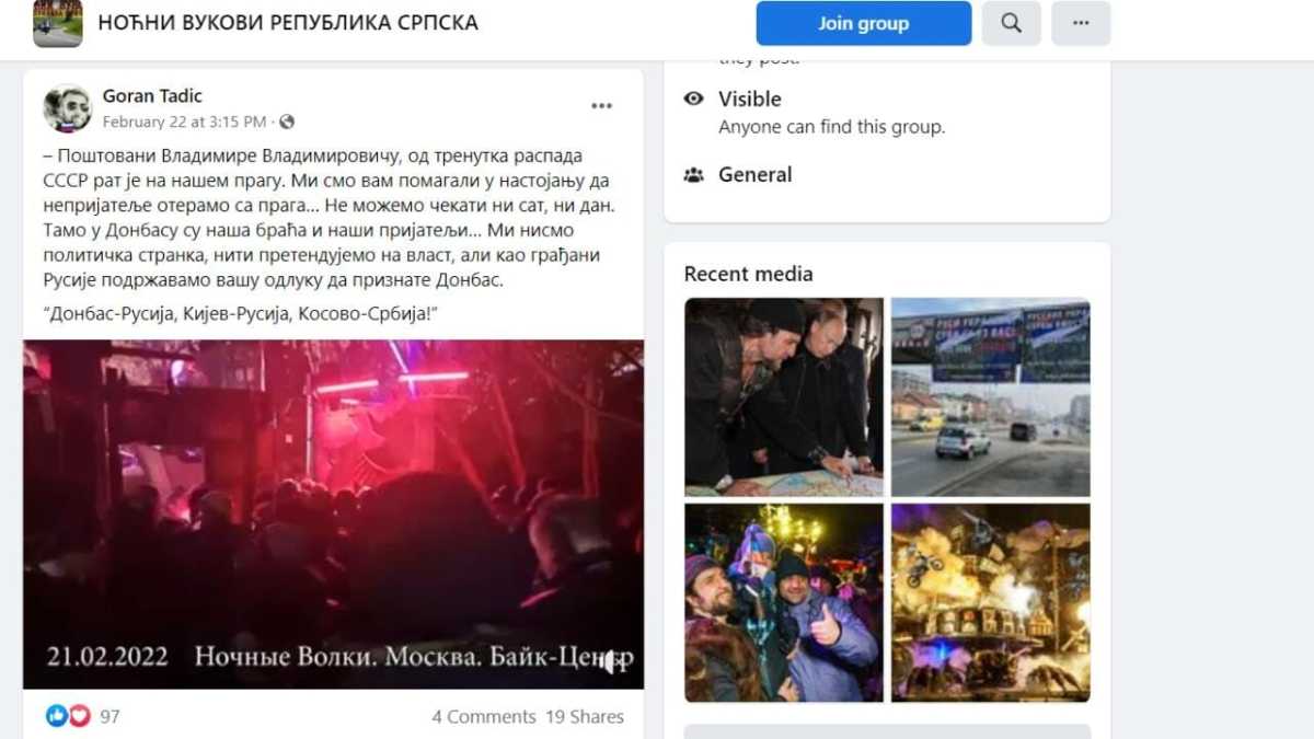 Objava Gorana Tadića na zvaničnoj Facebook stranici Noćnih vukova Republike Srpske. Foto: Screenshot Facebook