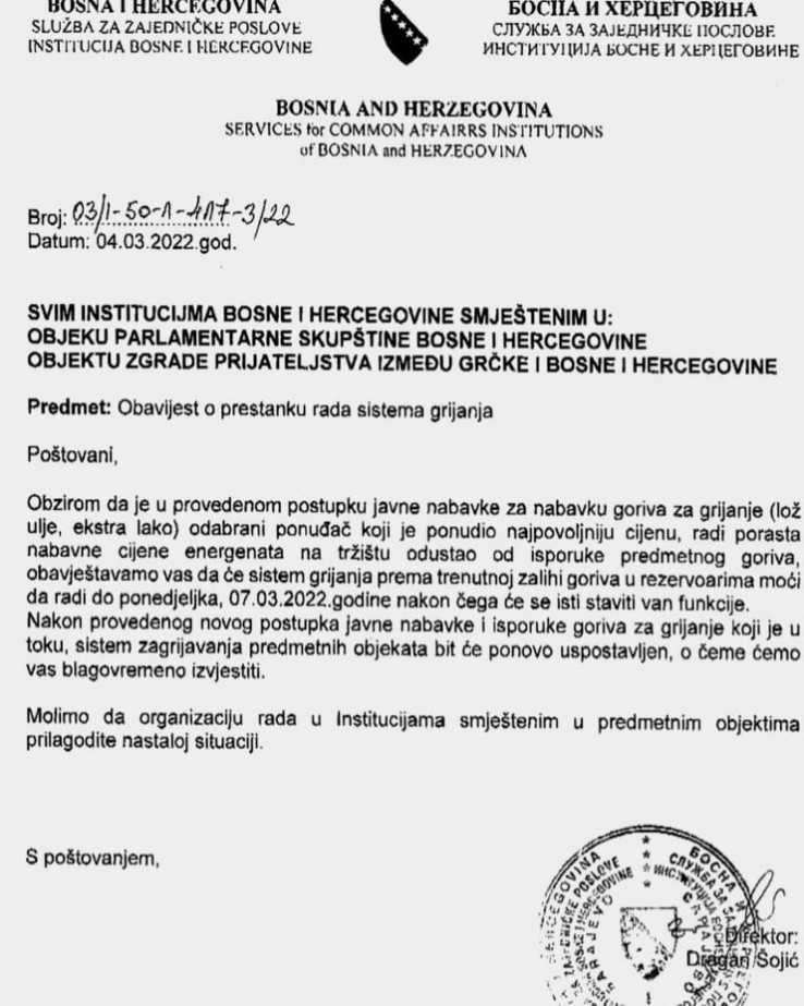 Služba za zajedničke poslove BiH obavijestila je 4.marta sve institucije o prestanku rada grijanja/ Foto: Avaz