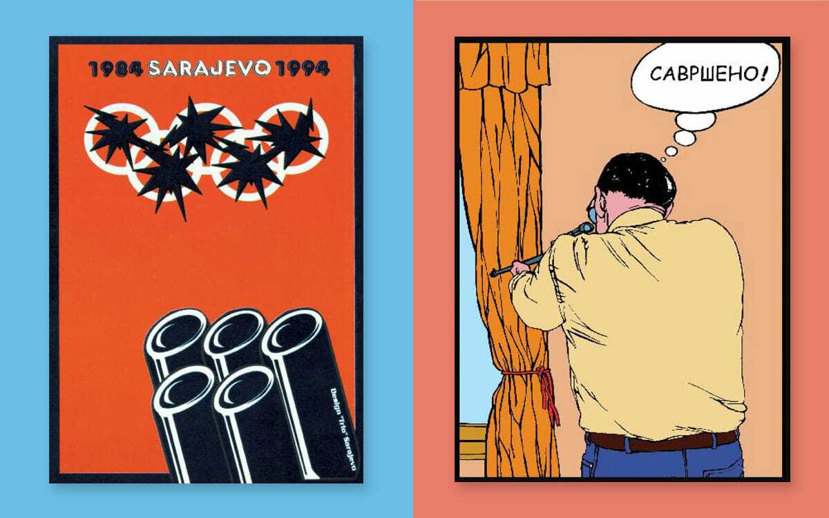 Lijevo: Plakat koji je dizajnirao Trio design studio povodom desetogodišnjice sarajevskih Zimskih olimpijskih igara, koje su se održale 1984. godine. Desno: Plakat Asima Đelilovića koji prikazuje snajperistu koji kaže: “Savršeno”, inspirisan događajem kada je pucano na dvije mirovne demonstrantkinje u Sarajevu 1992. godine.