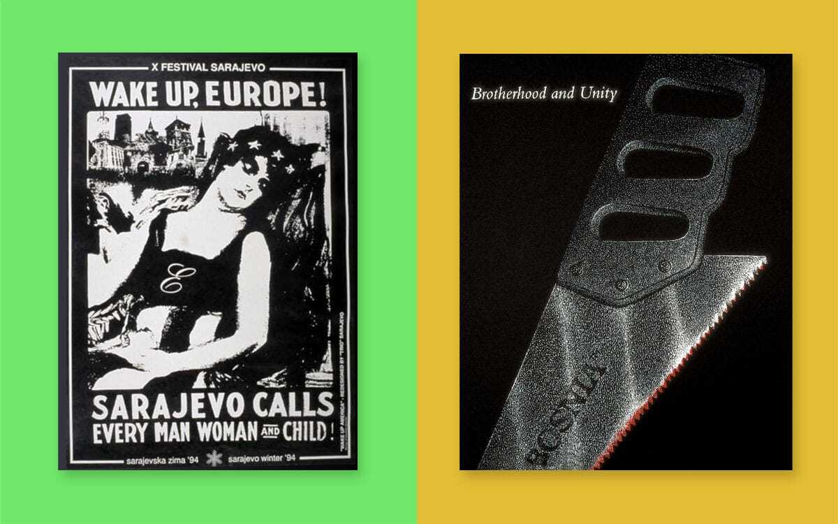 Lijevo: Plakat Trio design studija iz 1994. Desno: Plakat Čedomira Kostovića iz 1994. sa satirom na jugoslovenski slogan „Bratstvo i jedinstvo“
