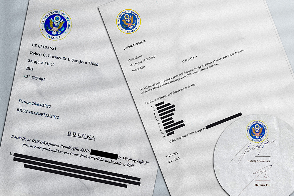 Klijenti su od Ajše Ramić dobijali falsifikovane dokumente Ambasade SAD-a u BiH na kojima je pisalo da su stekli pravo na vizu (Foto: CIN)