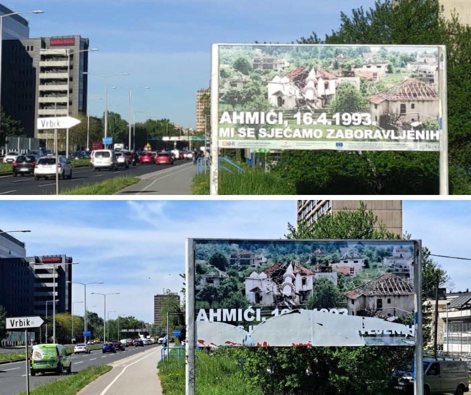 Uništeni bilbord o zločinu u Ahmićima u Zagrebu/ Foto: YIHR Hrvatska