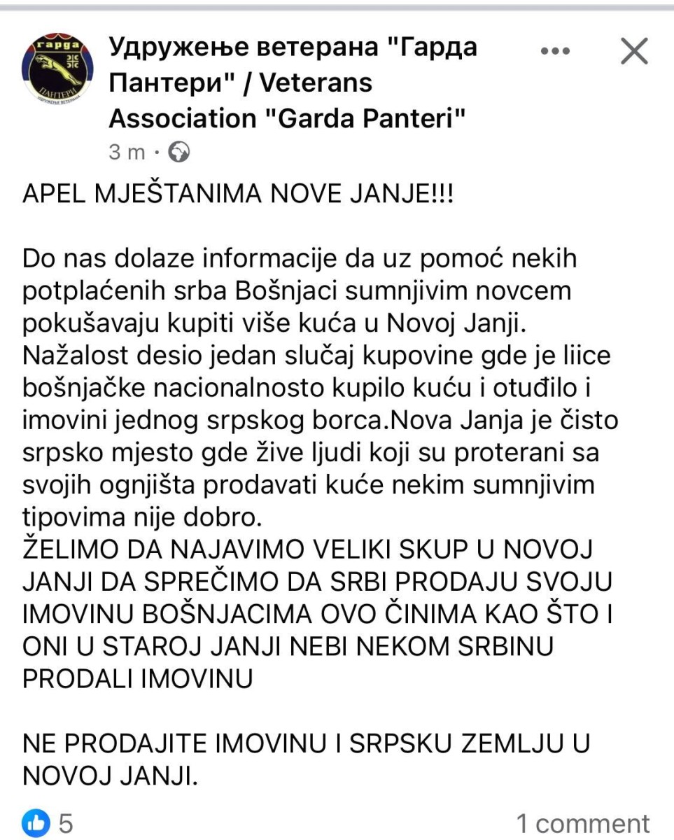 Facebook objava Udruženja veterana “Garda Panteri”/ Foto: Screenshoot.